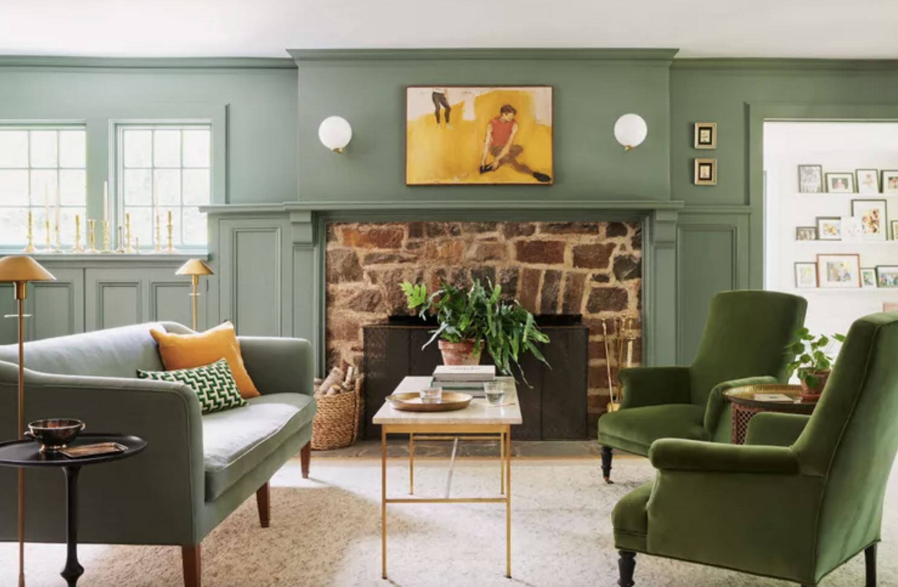 Living room with deep olive green walls